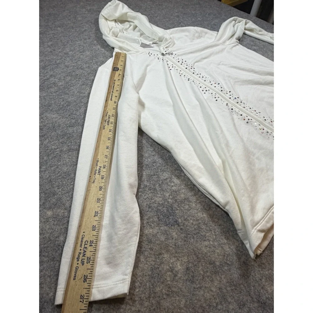Quacker Factory Womens Full Zip Cream Embellished Rhinestone Hoodie Size 1X
